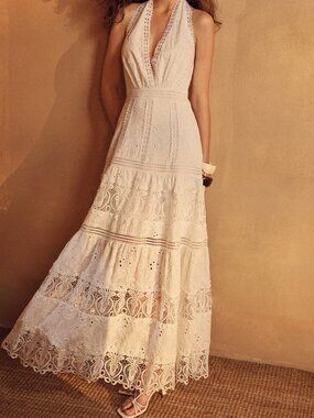 White Elegant Women's Cotton Blend Embroidered Lace Patchwork Vacation Dress